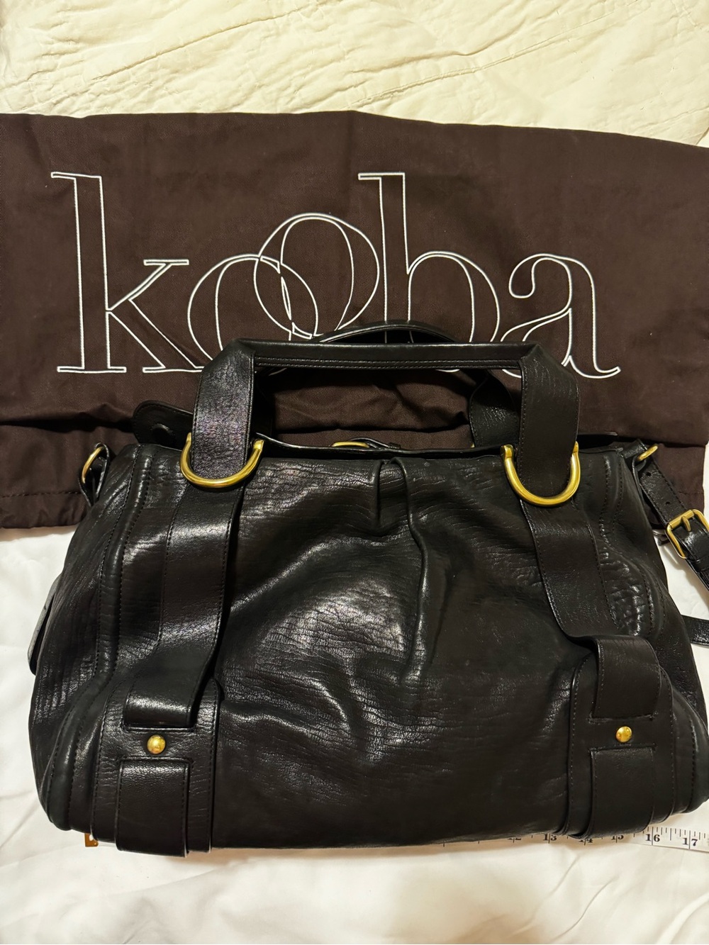 Kooba Black Leather Satchel with Gold Rings